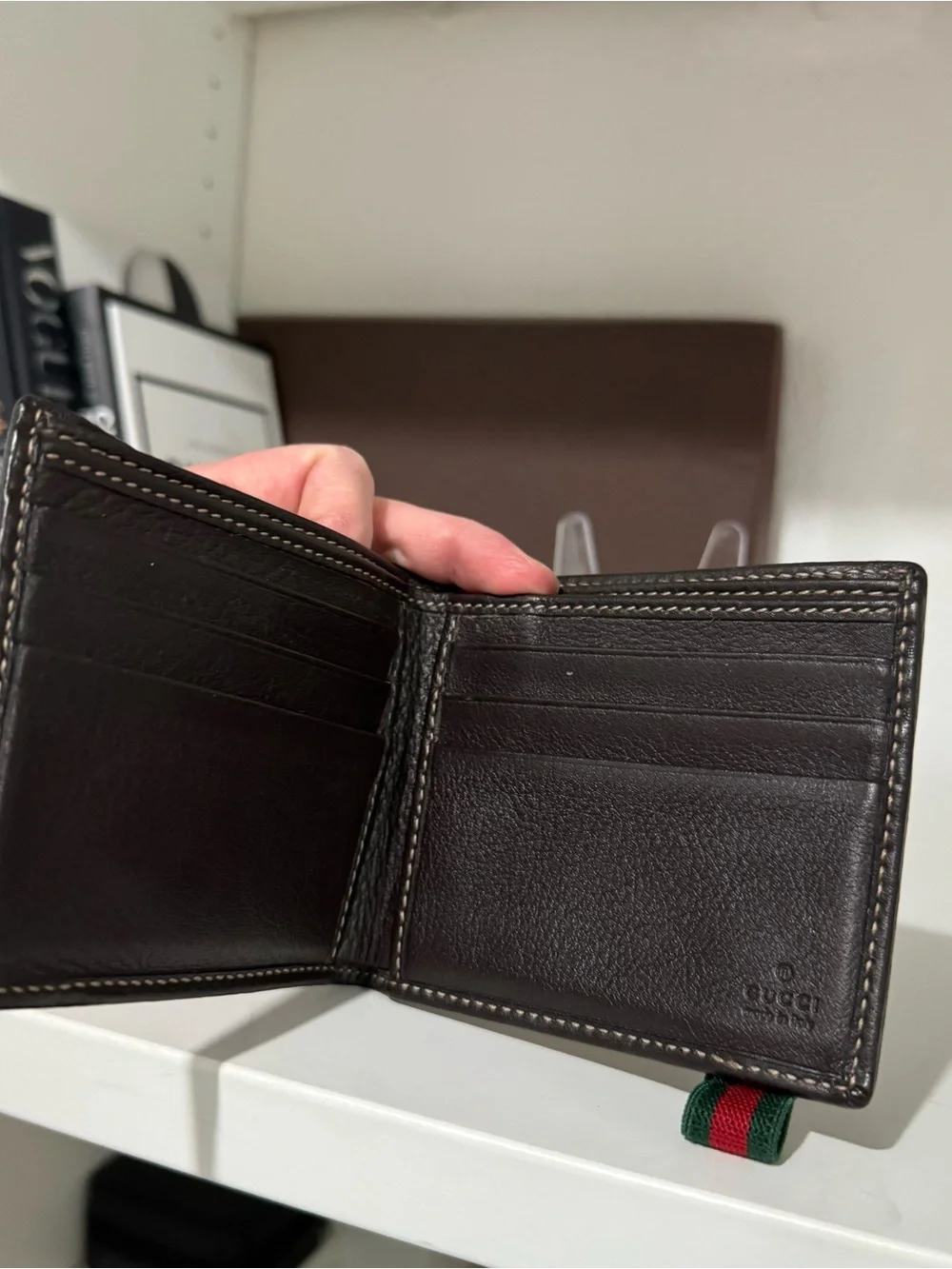 Gucci Beige Brown GG Supreme Canvas Money Clip with Green-Red Web